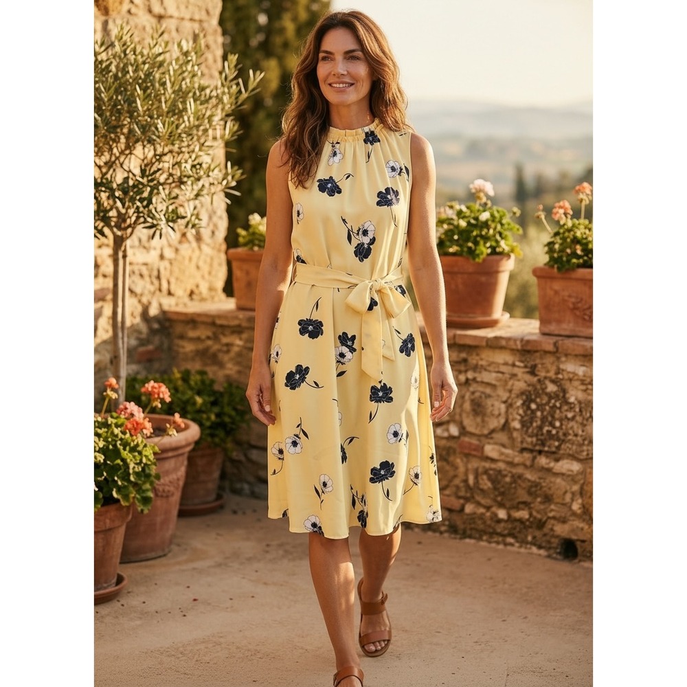 Ann Taylor Yellow Floral Smocked Waist Midi Dress Sleeveless XS High Neck Belted
